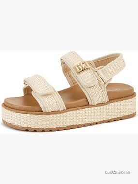 Raffia Platform Wedge Sandals Adjustable Double Strap Slingback Beach